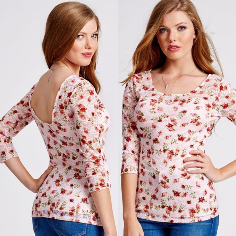 Guess Floral Lace 3/4 Sleeve Top